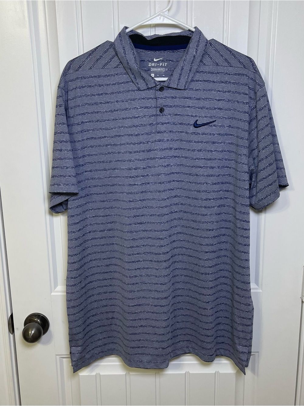 Nike Men's XL Blue Gray Striped Dri-Fit Polo Shirt Vented Collar Standard Fit